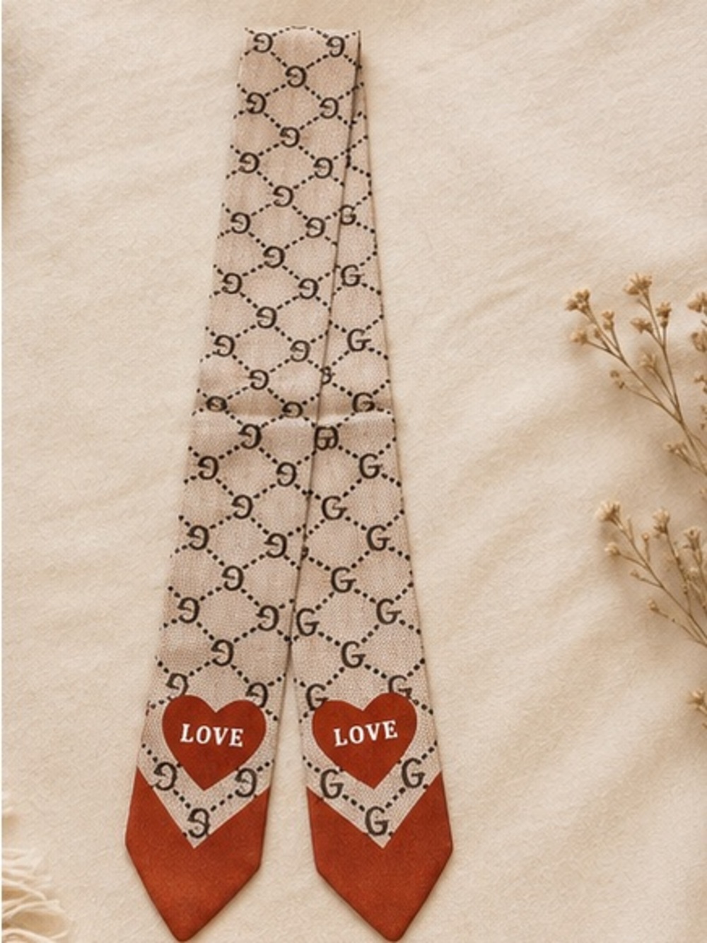 Beige Monogram LOVE Heart Twilly Scarf Designer Inspired